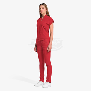 Women <b>Red</b> V Neck Scrub Set Polyester Woven Hospital Uniform Pants With Cap Sleeve Top For Medical Staff - Product Image 2