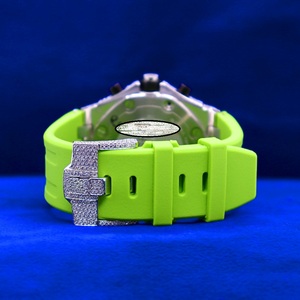 Luxury Men's Moisssanite Encrusted <b>Chronograph</b> Watch Green Silicone Band Round Case Analog Quartz Movement Dial - Product Image 4