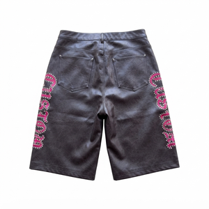 Shorts Cargo Décontractés en Cuir PU Brodé Personnalisé avec Strass, Taille Élastique Respirante et Robuste pour Hommes - Product Image 2