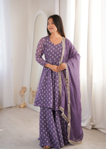 Women Ethnic Wear Heavy Crunchy Silk Jacquard Butti Kurti With Palazzo And Lace Border Dupatta Set Ready To Wear Festive Outfit - Product Image 5