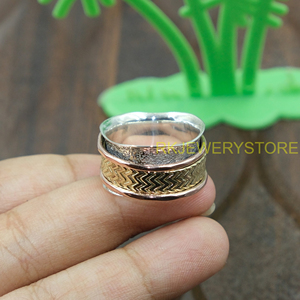 Handmade Mixed Metal <b>Spinner</b> <b>Ring</b> 925 Sterling Silver Brass Copper Wide Band Meditation <b>Ring</b> Textured Boho <b>Ring</b> For Women AndMen - Product Image 4