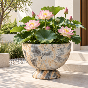 Custom Fiberglass Flower <b>Pot</b> With Marble <b>Stone</b> Effect, Elegant Pedestal Planter Bowl <b>For</b> Outdoor Garden And Patio Decoration - Product Image 2