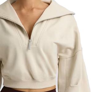 Sweat-shirt court en tissu de coton léger pour femmes OEM fermeture éclair quart col côtelé large capuche épaule tombante ourlet côtelé pour l'hiver - Product Image 2