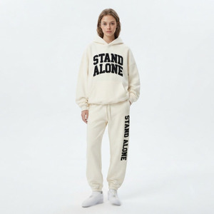 Conjunto de Sudadera con Capucha y Pantalones Largos con Cordón para Mujer, 100% Algodón, Estilo Casual Holgado, con Bordado Desgastado - Product Image 1