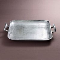 Plateau de service rectangulaire en métal avec motif incrusté d'or et poignées, design classique pour les fêtes