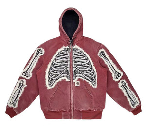 Men's Red Hooded Fleece <b>Jacket</b> With Skeleton Print <b>Gothic</b> Zipper Design Regular Fit Autumn Wear - Product Image 1
