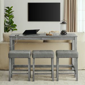 59-Inch Power Outlet <b>Bar</b> <b>Table</b> 3 Upholstered <b>Stools</b> 4 Piece Dining Sofa <b>Table</b> Chair <b>Set</b> for Living for Home Office Furniture - Product Image 1