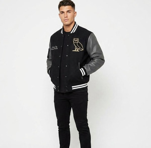 Blouson universitaire noir pour homme avec broderie hibou, manches en PU, manteau décontracté d'automne, col rabattu, simple boutonnage - Product Image 6
