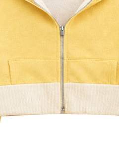 Sudadera con capucha corta para mujer, con cremallera, color amarillo pastel y bloques de color en felpa de algodón, estilo casual y urbano. - Product Image 6