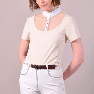 Chemise d'équitation beige à manches courtes pour femme avec col blanc et insert en mesh, boutonnée devant - Product Image 2