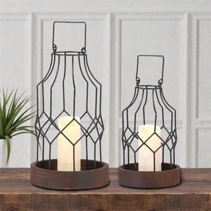 Black Iron Wire <b>Candle</b> <b>Lanterns</b> With Wooden Base Modern Design Home Decoration - Product Image 4