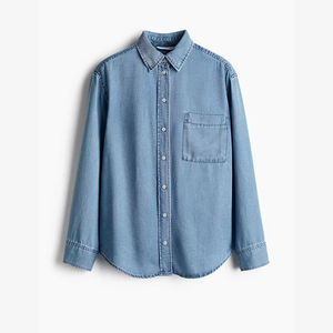 Chemise en jean bleu pour homme, manches longues, col rabattu, boutonnée, couleur unie, coupe décontractée, idéale pour le printemps - Product Image 3