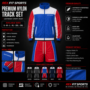 REXFIT SPORTS 2026 Conjunto Deportivo Personalizado para Hombre en Azul, Rojo y Blanco, Chaqueta con Cremallera y Pantalones Cortos de Nailon, Ropa Deportiva de Marca Privada para Equipos - Product Image 1
