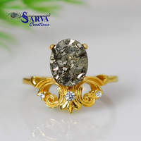 Bague en Pyrite Naturelle Plaqué Or Argent Sterling 925, Style Vintage Floral Filigrané, Bague Statement avec Pierre Précieuse pour Femme