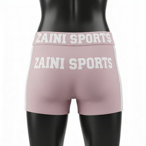 Shorts de mujer tipo booty, premium, de poliéster y spandex, suaves y elásticos, color rosa, con paneles laterales de malla, logotipo personalizado. - Product Image 2