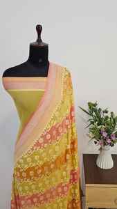 Sari authentique en soie Georgette Khaddi pure de Banarasi, teinture au pinceau Rangkaat, bordure richement brodée Waterzari, tissé à la main, traditionnel, pour les fêtes - Product Image 4