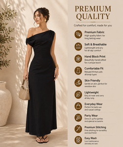 Última Tendencia Vestido Maxi Bohemio Negro de Un Solo Hombro con Cintura Imperio Transpirable para Mujer, Fruncido Asimétrico Sin Mangas Largo de Noche - Product Image 5