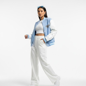 BstreetBoys Varsity <b>Jacket</b> Light Blue White Embroidered Lettering Preppy Style Unisex All season Wear Custom <b>Rhinestone</b> Varsity - Product Image 4