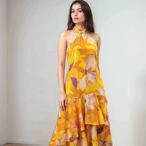 Vestido largo informal de moda para mujer, estilo tie-dye, de rayón, sin espalda, vestido midi formal de moda para mujer, con estampado floral - Product Image 1