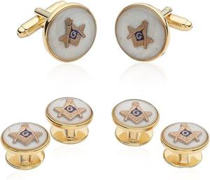 Boutons de manchette blancs pour hommes, style franc-maçon, avec boutons de chemise |   Ensemble de smoking maçonnique formel avec boutons de manchette en émail - Product Image 1