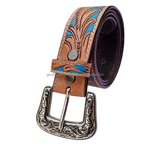 Cinturón de herramientas de cuero occidental para hombre tallado a mano con relieve floral turquesa de grano completo de una pieza con cierre de hebilla de botón a presión - Product Image 3