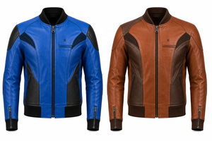 Blouson de moto en cuir Performance Bomber |   Respirant |   Bleu Charbon Brun |   Fabricant OEM/ODM |   Vêtements de course pour hommes - Product Image 5