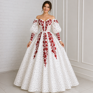Elegant White Embroidered Ball Gown with <b>Red</b> Floral Detailing Off Shoulder Long Sleeve Princess Wedding Dress Luxury Lace - Product Image 1