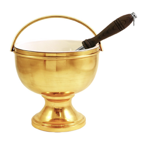 Cubeta de latón satinado para agua bendita con base de varita y símbolo cristiano de pez, disponible a precios de mayoreo. - Product Image 3
