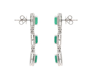 Wholesale 18k White Gold Natural <b>Emerald</b> Diamond Halo 3-Stone Linear Drop Earrings Memoria Jewels - Product Image 2