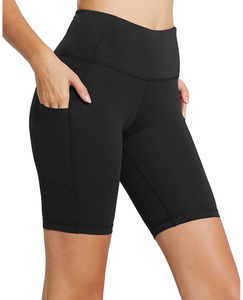 Shorts de Yoga de Cintura Alta para Mujer, Color Sólido, Spandex y Poliéster, Elásticos en Cuatro Direcciones, Bolsillos, Cintura Elástica, Diseño de Costuras en Contraste - Product Image 4
