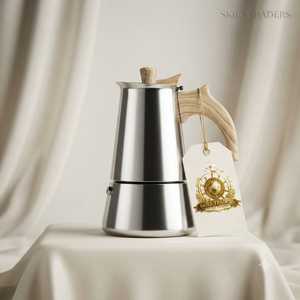 Cafetière Moka en acier inoxydable avec poignée en bois, cafetière italienne pour cuisinière - Product Image 1