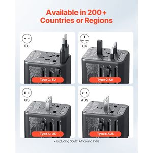 5-in-1 Universal Travel <b>Adapter</b> 2 USB-C & 2 USB-A Ports 1 AC Outlet International European Power <b>Adapter</b> 4 Different <b>Plug</b> Types - Product Image 2