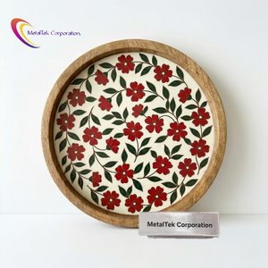 Bandeja Decorativa Redonda de Madera de Mango con Estampado Floral Esmaltado, Plato de Servir de Madera para Hotel, Fiesta, Regalo Artesanal, Bandejas de Cocina - Product Image 1