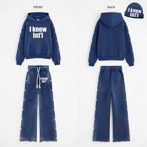 Ensemble sweat à capuche et pantalon de survêtement unisexe en coton 100% personnalisé, style streetwear vintage, coupe ample, 2 pièces, avec fermeture éclair, effet vieilli, délavé à l'acide et strass - Product Image 3