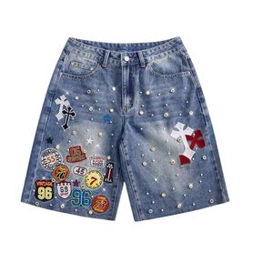 Shorts de Mezclilla Personalizados Estilo Y2K con Pedrería Cruzada para Mujer, Vintage, Patchwork, Holgados, Estilo Harajuku Gótico, Streetwear, Pierna Ancha, Bermudas - Product Image 4