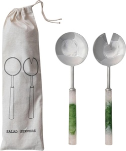 Elegante Juego de Servidores de Ensalada de Acero Inoxidable con Mangos de Resina Marmoleada, Impresionante Combinación Verde y Blanca, Ecológico - Product Image 1