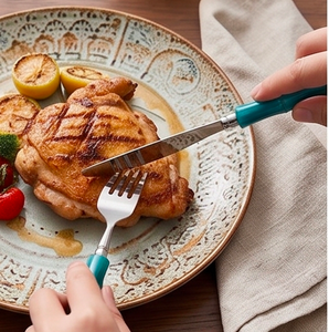 Modern Flatware Set Of 6 Stainless Steel Cutlery With Teal Bamboo Handles Dishwasher Safe For Wedding Use - Product Image 3