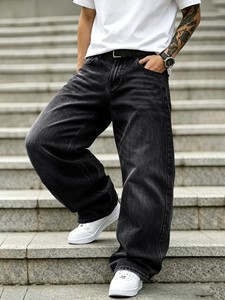 <b>Men's</b> Breathable Eco-Friendly Lightweight Wide Leg <b>Jeans</b> Mid Waist Casual Cotton Denim Pants <b>Drawstring</b> Closure Flat Front Style - Product Image 3