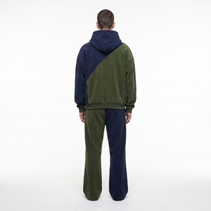 Mens Olive Green Navy Color Block Fleece Tracksuit Set <b>Zip</b> <b>Up</b> <b>Jacket</b> Wide Leg Pants Streetwear Sportswear - Product Image 2