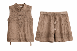 Women's <b>Viscose</b> Embroidered Collared <b>Top</b> and Short Set Manufacturer - Product Image 2