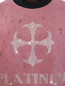 Custom Mauve Rhinestone Cross Long Sleeve Oversized T <b>Shirt</b> Vintage Distressed Layered Leather Sleeves Heavyweight <b>Waffle</b> Fabric - Product Image 4