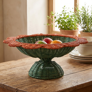 Bol sur piétement en rotin festonné, panier à fruits en fibre naturelle tressée avec support, centre de table décoratif artisanal pour la cuisine - Product Image 3