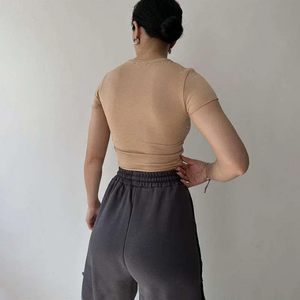 Womens Eco-Friendly Crop Tops Cute Summer Scoop Neck Slim Fit Trendy Short Sleeve <b>T</b> Shirts with Button for Teen - Product Image 3