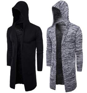 <b>Men's</b> <b>Long</b> Hooded Knit <b>Cardigan</b> Solid Color Full Sleeve V-Neck With Front Pockets Winter Wear Acrylic Material - Product Image 1