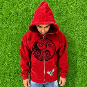 Sudadera con capucha roja de terciopelo para hombre, estilo urbano, diseño personalizado estampado, corte regular, para otoño. - Product Image 1