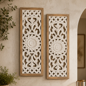 Ensemble de panneaux décoratifs muraux modernes en bois sculpté, motif floral vertical, faits à la main, décoration murale minimaliste pour salon, chambre, bureau - Product Image 2