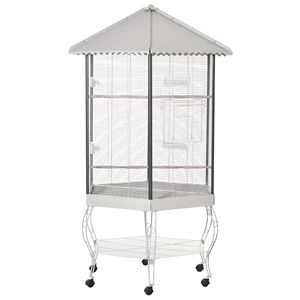 Voliera Esagonale Portatile Grigio-Bianca da 77 Pollici per Uccelli con Tettoia Coperta e Spazio di Stoccaggio per Grandi Calopsittici, Confezionata in Scatola - Product Image 1