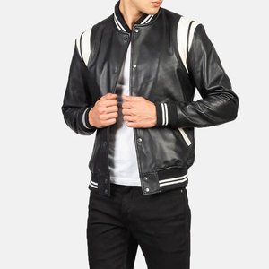 Veste universitaire en cuir PU noir pour homme avec rayures blanches, coupe ajustée décontractée, col rabattu, manches classiques, vêtement d'automne - Product Image 5