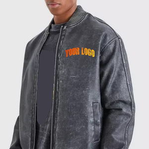 High Quality <b>Men's</b> Washed Polyester <b>Bomber</b> <b>Jacket</b> Stand Collar Zipper Closure Embroidery Logo Front Casual Autumn Wear Solid - Product Image 3