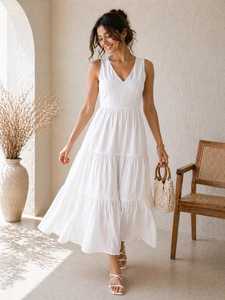 Vestido Maxi Blanco sin Mangas para Mujer, Vestido de Verano con Volantes - Product Image 5